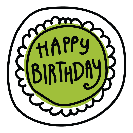 Illustrated icon of a green birthday cake with the words Happy Birthday