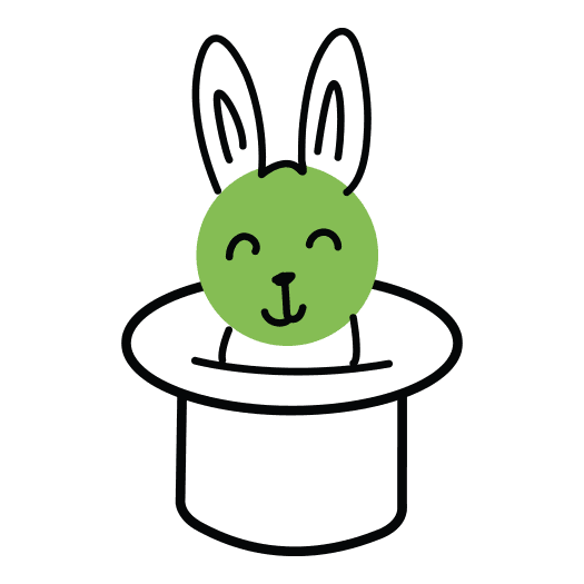 Illustrated icon of a green rabbit in a hat