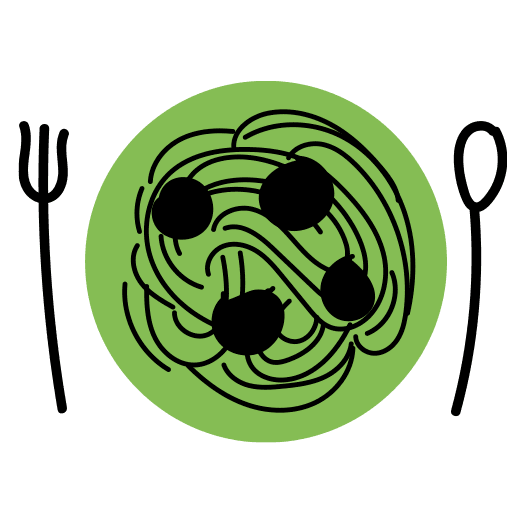 Illustrated icon of a green plate of spaghetti and meatballs with fork and spoon