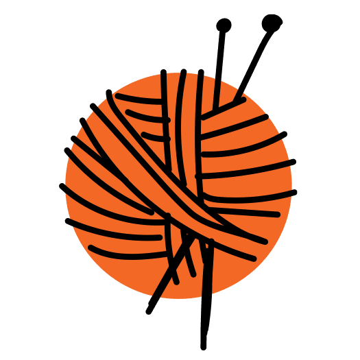 Illustrated icon of an orange ball of yarn with knitting needles